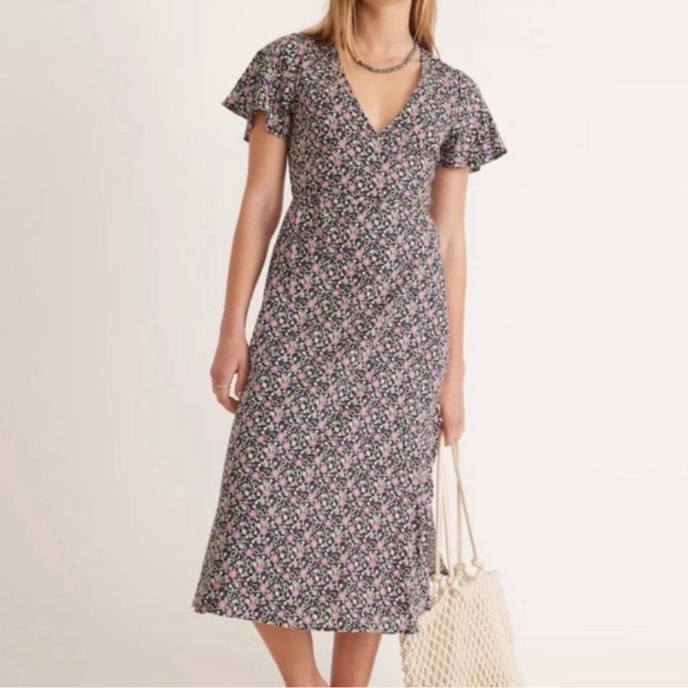 Marine Layer Black Wrap Midi Dress with Pink Floral Print